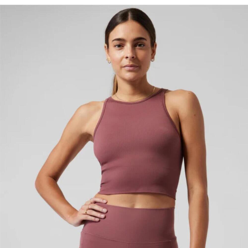 Athleta Aurora High Neck Ribbed Crop Tank Sunset Glow Mauve Red XS - Picture 2 of 7
